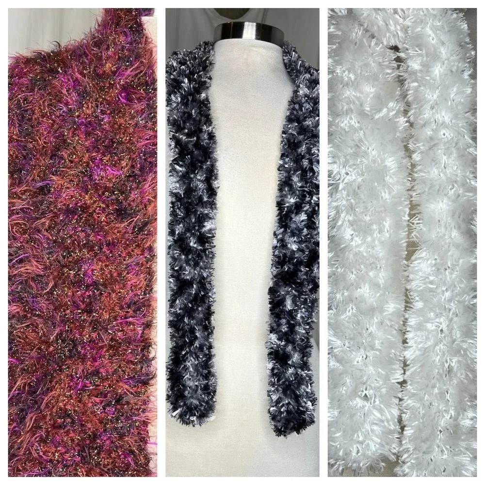 Three scarf set 1 maroon stretch soft knit 2 marbled black white gray 3 white